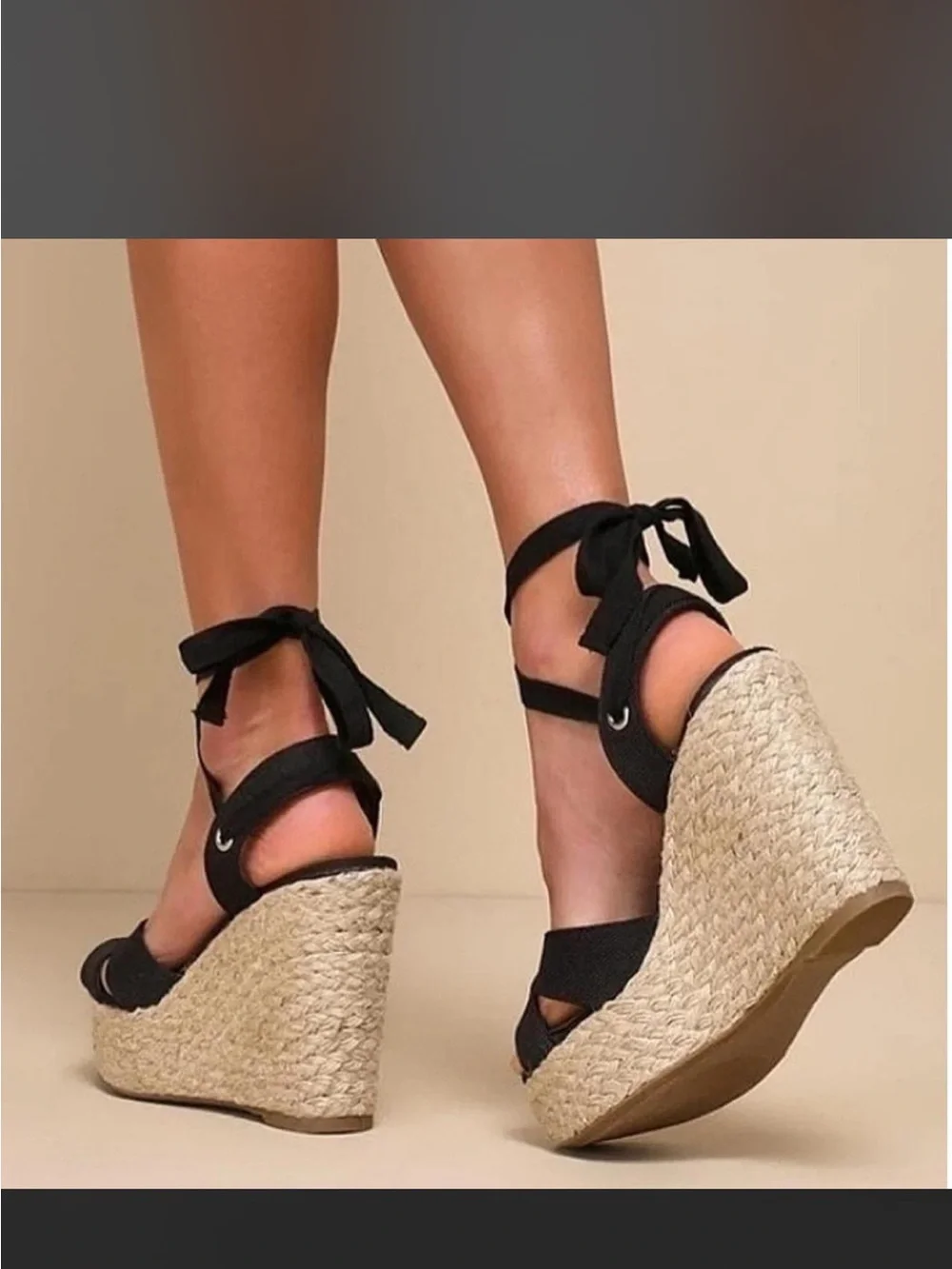 Lulus Black Canvas Wedge Heel  Espadrille Sandals 7 Strappy Lace Up Rope Heel